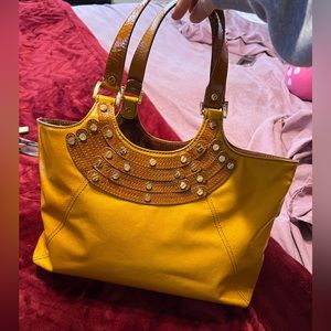 Tote Mustard Yellow/Caramel Coated Canvas Leather Shoulder Bag